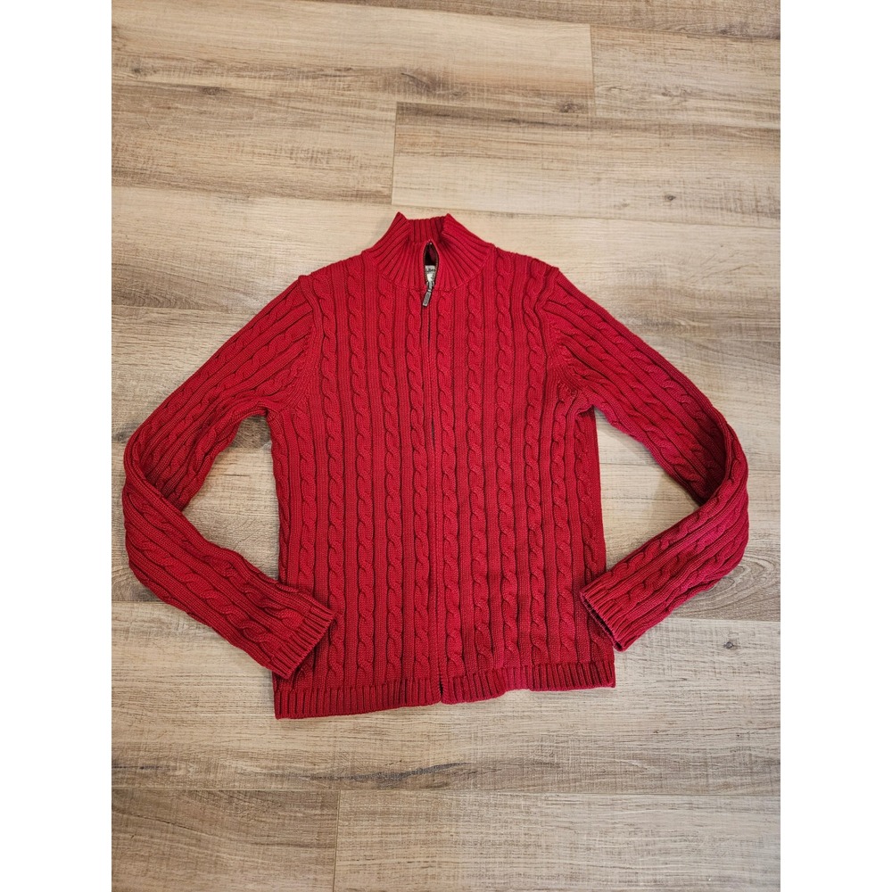 L.L.Bean Women's Small Red Cable Knit Full Zip Cotton Sweater Mock Neck